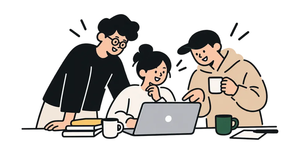 パソコンを囲み、ホームページについて話し合う三人。机には本とマグカップ。